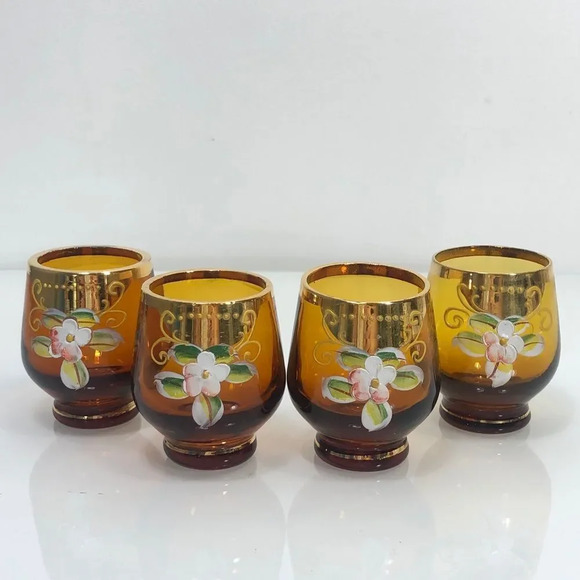 Bohemian Amber Glass Gold Gilding Raised Hand Painted Floral Design Shot Glasses - Picture 12 of 12